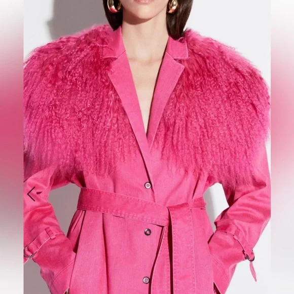 Lapointe Vibrant Pink Fur-Trimmed Trench Coat - Picture 3 of 6